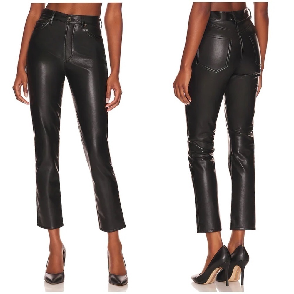 New Agolde Riley Long Pants Recycled Leather in Detox Black High Rise Sz 31